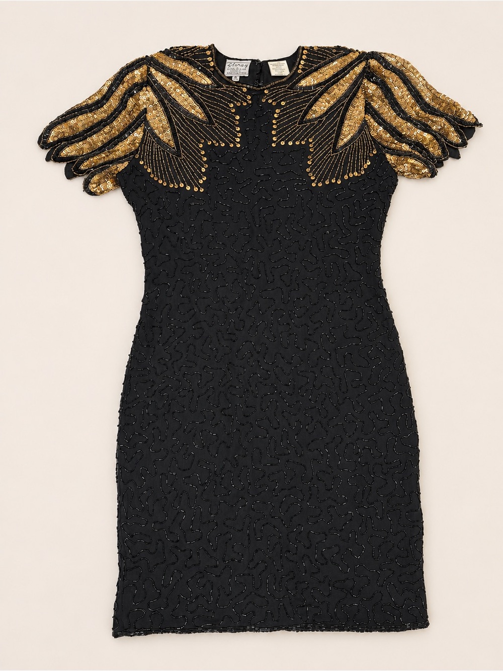 Vintage Sténay Black Silk Beaded Cocktail Dress Gold Sequin Statement Sleeves P6